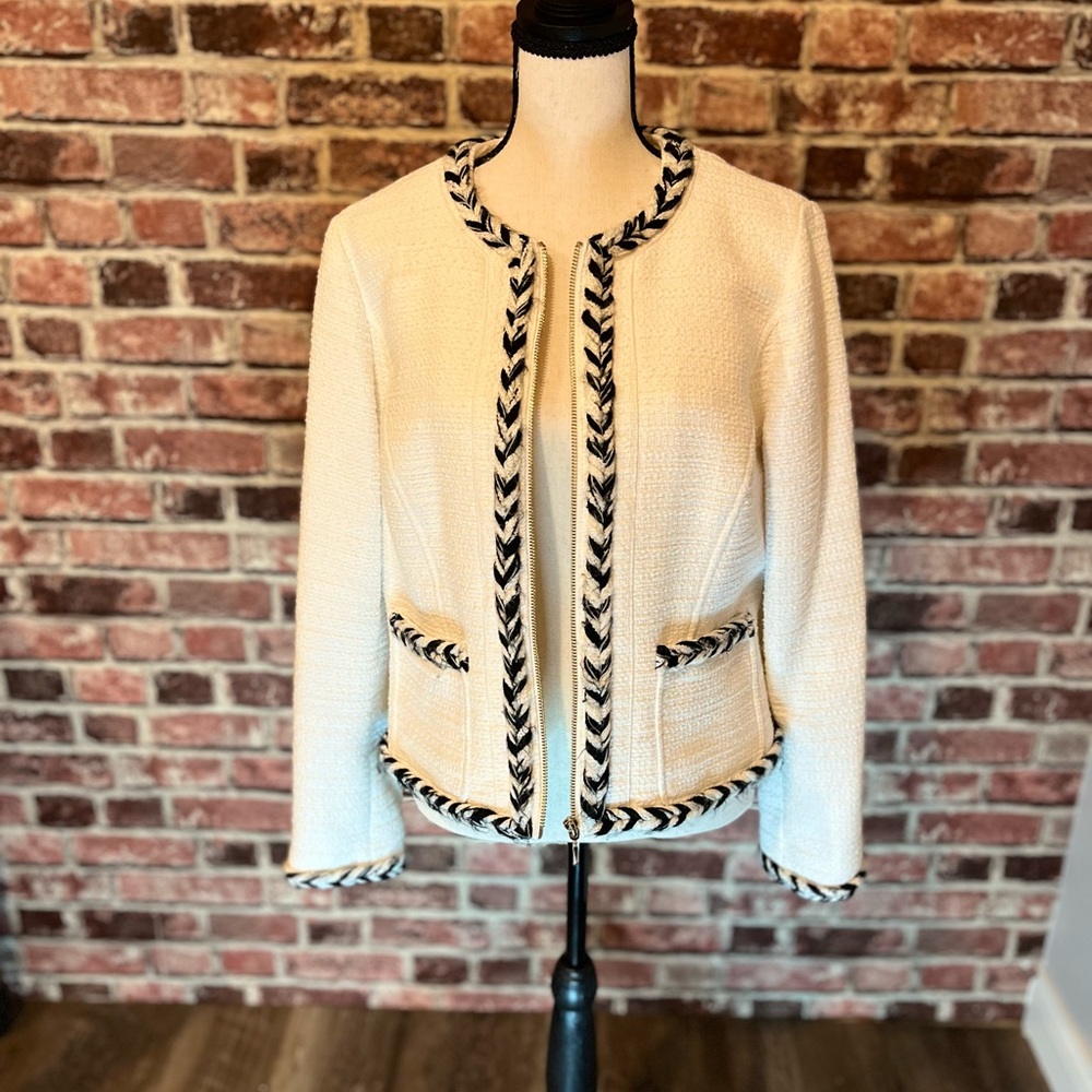 Tweed zip blazer with braided trim. WHBM size 10